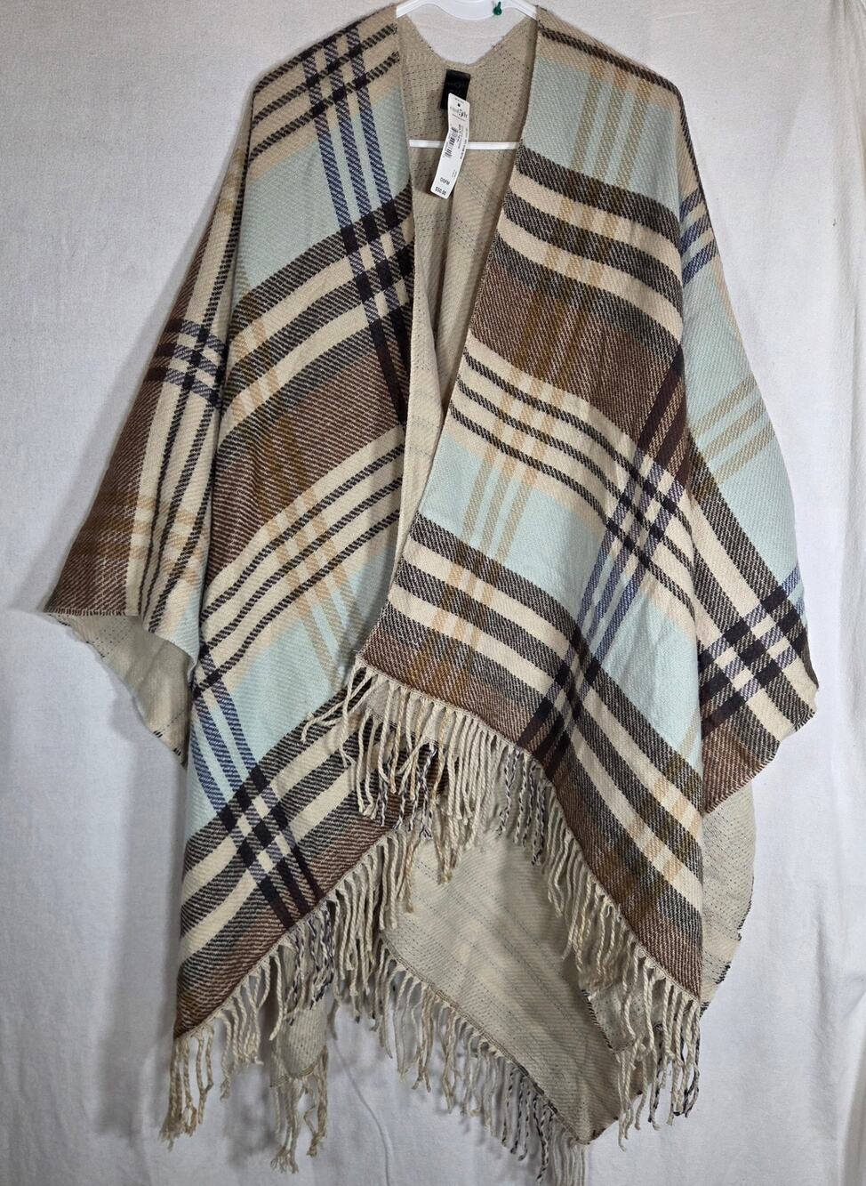 East 5thEast 5th Oversized Plaid Fringe Poncho Wrap Shawl One Size NWT